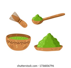 Matcha green tea vector set - matcha powder, mochi, tea bowl, bamboo spoon, whisk. Asian japanese and chinese drink ceremony. Vector illustration isolated on white background.