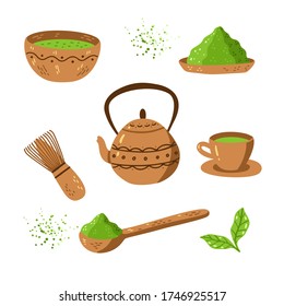 Matcha green tea vector set - matcha powder, latte, mochi, tea pot, bowl, bamboo spoon, whisk, tea leaves. Asian japanese and chinese drink ceremony. Vector illustration isolated on white background.