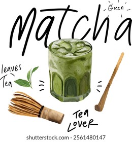 Matcha green tea, watercolor style.