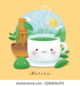 Matcha green tea in a white cup. Matcha powder and equipment for making tea. Tea plantation background with sky, clouds, sun. Japanese tea. Creative hand-drawn cartoon.