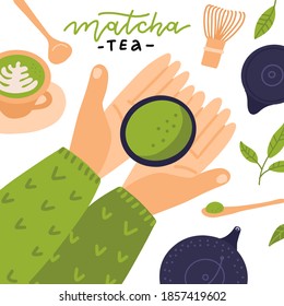 Matcha green tea, wooden spoon and whisk, green tea leaf on white background. Two hands with cup. Top view, flat lay vector illustration