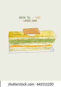 matcha green tea and yuzu orage layers cake , stuff with fresh cream and matcha jam , bitter and sour perfect cakee. water color sketch vector.