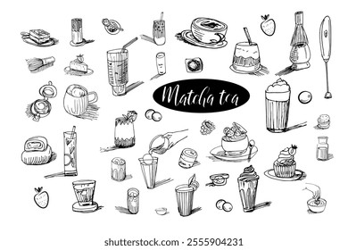 Matcha. Hand drawn vector isolated set.