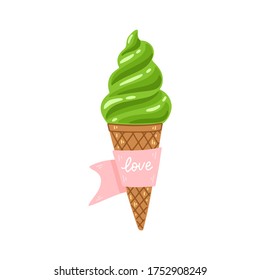 Matcha ice cream cartoon illustration with quote Love. Matcha green tea dessert vector illustration isolated on white background. Asian japanese and chinese ceremony. Hand drawn ice cream packaging.