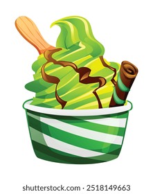 Helado Matcha con chispas de chocolate y palo de oblea en una taza. Vector ilustración de dibujos animados