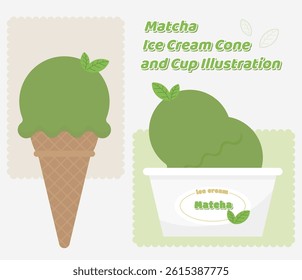 Matcha Ice Cream Cone and Cup Illustration