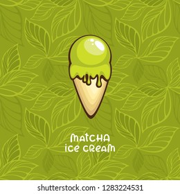 Matcha Ice cream cone vector illustration. Design for menu and logo. Japanese summer dessert.
