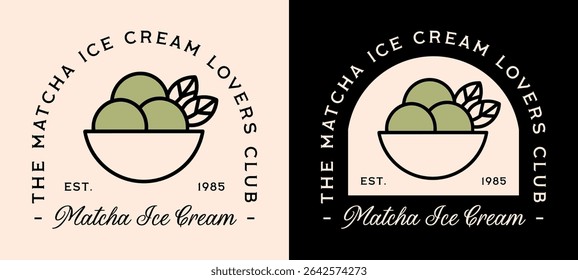 Matcha ice cream green tea flavor Japanese sweet food dessert lovers club summer aesthetic logo badge sticker. Fancy organic three scoops cup label illustration funny quotes girl shirt design clipart.