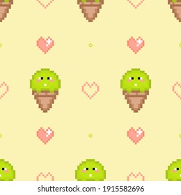Matcha ice cream pixel art seamless pattern. Green tea cone ice cream and hearts on yellow background. Retro gaming style for paper, web and social media design, fabric and more. 8 bit icon of matcha.