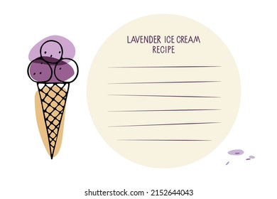 Matcha ice cream Recipe. Ice creme cone, template for recipe, tea leaves, Green powder poured. Recipe card template with copy space for writing recipe. Culinary course poster concept, culinary school.