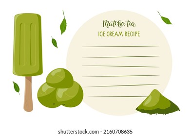 Matcha ice cream Recipe. Template for writing recipe. Green ice cream on stick, ice cream balls, powder poured. Recipe card template with copy space. Culinary course poster concept, culinary school