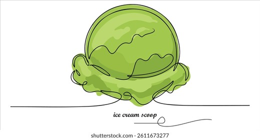 Matcha ice cream scoop continuous single line art drawing sketch on white background	