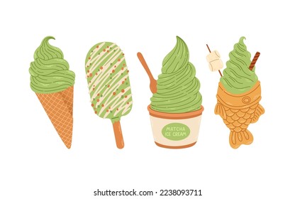 Matcha ice cream set isolated vector for stickers, postcards, notebook