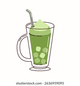 Matcha Ice Latte with straw and Whipped Cream in a Clear Glass with handle, icon, isolated on the white background