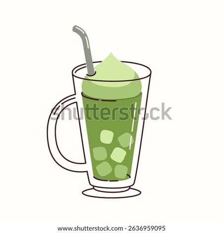 Matcha Ice Latte with straw and Whipped Cream in a Clear Glass with handle, icon, isolated on the white background