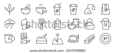 Matcha icon set. It includes green tea, tea cup, tea, drink, farm, and more icons. Editable Vector Stroke.