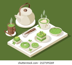 Matcha isometric composition with tea set on tray with cups kettle and matcha powder containing sweets vector illustration