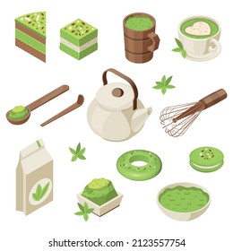 Matcha isometric set with isolated icons of powder cups leaves tea kettle with spoon and sweets vector illustration