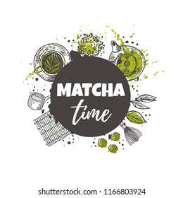 Matcha. Japanese ethnic and national tea ceremony. Hand drawn vector illustration. Can be used for shop, cafe, restaraunt, bar, market, poster, emblem, sticker, placard.