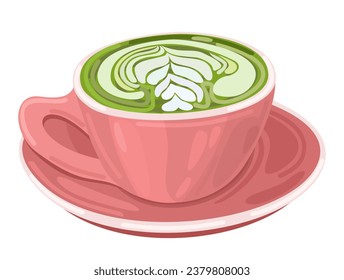 Matcha. Japanese powdered green tea in pink cup. Vector isolated illustration.