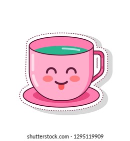 Matcha kawaii latte vector illustration. Yummy milkshake cartoon. Design for menu and logo. Japanese summer drink for print, menu, slogan, card, postcard, banner, flayer, flat iced stickers cappuccino