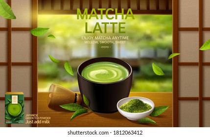 Matcha latte ad in 3d illustration, matcha cup set on Japanese zen garden background