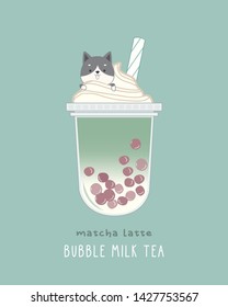 Matcha Latte Bubble Milk Tea, cute illustration