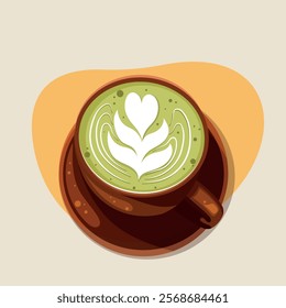 Matcha latte, cappuccino, hot drink, green. Drink vector illustration design. 