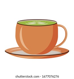 Matcha latte cartoon vector illustration. Oriental herbal beverage. Hot breakfast drink. Healthy vegan liquid. Green tea flat color object. Japanese drink isolated on white background
