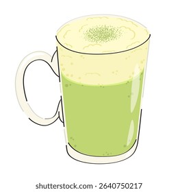 Matcha latte in a clear glass cup isolated on white background