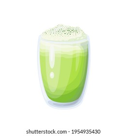 Matcha latte with coconut whipped cream in glass cup vector illustration.
