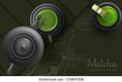 Matcha latte cup on green background from above. Vector illustration