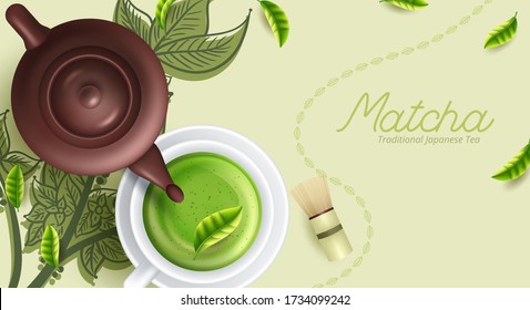 Matcha latte cup on green background from above. Vector illustration