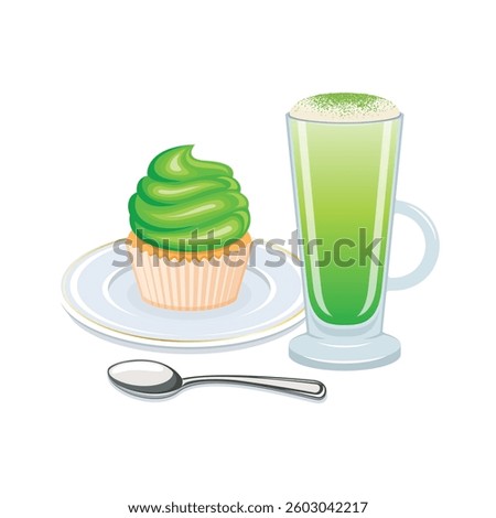 Matcha latte drink and matcha cupcake vector illustration. Matcha tea latte with froth milk and green cupcake on a plate icon set on a white background. Latte in a tall glass with a handle drawing