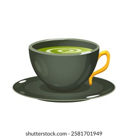 Matcha latte drink in dark ceramic cup with saucer isolated on white background.