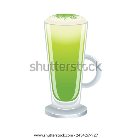 Matcha latte with froth milk vector illustration. Green matcha tea latte drink icon vector isolated on a white background. Latte in a tall glass with a handle graphic design element