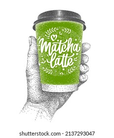 Matcha latte to go. Green tea takeaway. Paper cup in human hand. Hand-drawn sketch in bitmap pointillism engraving style. Lettering and decorative elements in doodle style. Vector illustration.