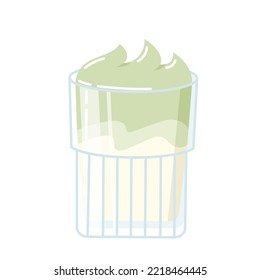 Matcha latte green tea in clear glass. Isolated vector illustration on white background. Trendy beverage. 