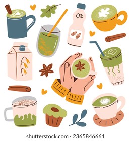 Matcha latte hand drawn collection, matcha tea doodle icons, vector illustrations of cups and glasses with vegan organic drinks and desserts, plant based milk, green beverage, isolated colored clipart