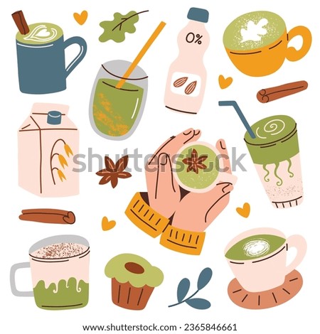 Matcha latte hand drawn collection, matcha tea doodle icons, vector illustrations of cups and glasses with vegan organic drinks and desserts, plant based milk, green beverage, isolated colored clipart