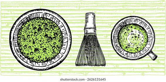 Matcha latte isolated on a white background. Bowl with matcha powder, green tea leaves, and bamboo whisk sketch. Japanese tea ceremony elements. Hand-drawn vector illustration