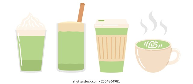 Matcha latte. Japanese matcha green tea ceremony. Flat Vector illustration isolated on white background