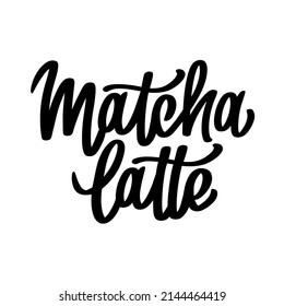 Matcha latte Logo Design. Handgezeichnete Schrift. Vektorkalligraphie für Teeprodukte. Japanisches Getränk. Grünes Teekrinken mit Milch. Vorlage für die Marke.