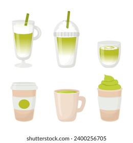 Matcha latte. Set of matcha drinks, iced, mug, take away cup in flat style. Vector illustration