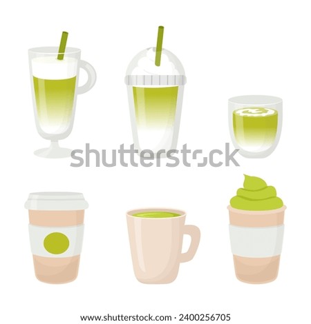 Matcha latte. Set of matcha drinks, iced, mug, take away cup in flat style. Vector illustration