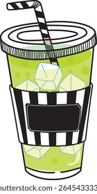 Matcha Latte na Taça Takeout com manga de listra preta e cubos de gelo | Ilustração de vetor de café