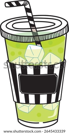 Matcha Latte in Takeout Cup with Black Stripe Sleeve and Ice Cubes | Cafe Vector Illustration
