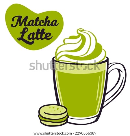 Matcha latte. Vector doodle organic  matcha coffee latte, macarons for menu, coffee shop design. Healthy drink