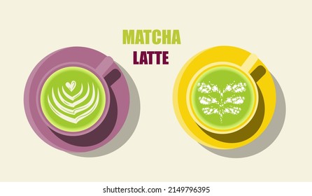 Matcha latte, a vegetarian organic drink with foam. Two cups of matcha latte tea, top view.A design element for menus, cafes, and web ads.