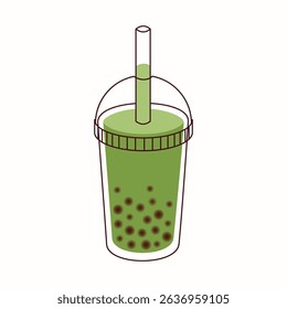 Matcha Latte with Whipped Cream and tapioca in a Clear Plastic cup with straw, icon, isolated on the white background